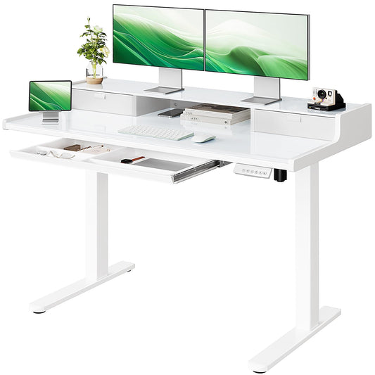 Marsail Glass Electric Standing Desk with Drawers, 48 x 24 Inch Height Adjustable Desk with Monitor Stand, Stand Up Table with Drawers for Home & Office, 4 Preset Heights, White