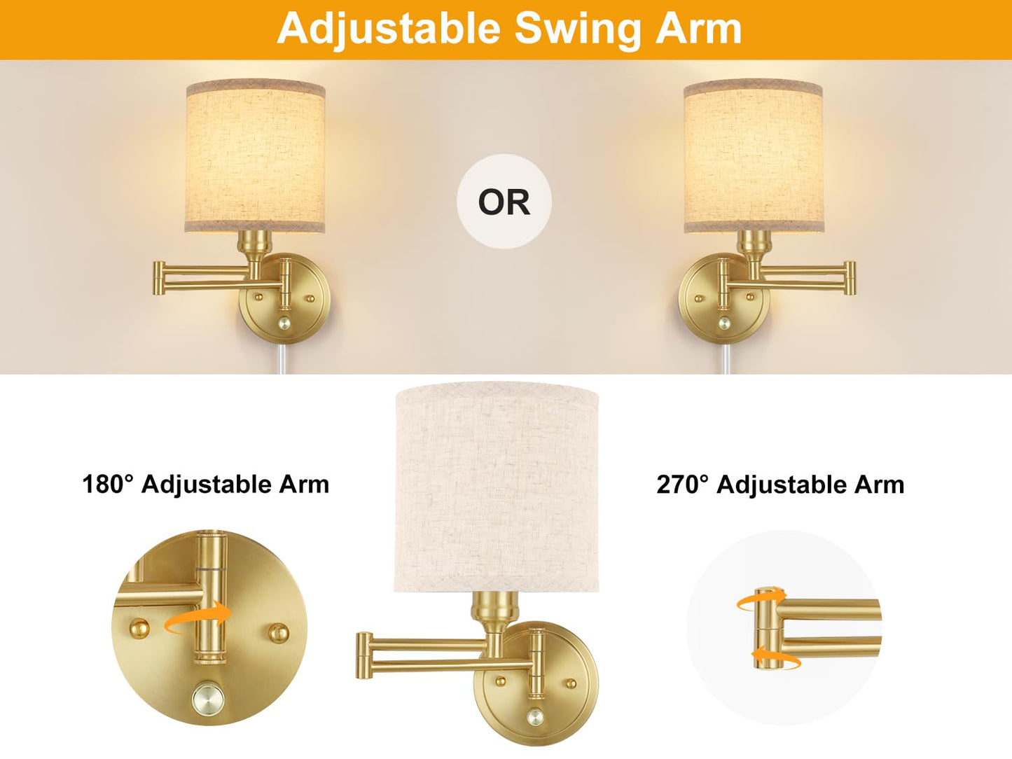 Goodate Plug In Wall Sconces With Remote Control  Dimming & Adjustable Colors 2700K-6500K  Hardwire Or Plug-In  Swing Arm Wall Lamp With Linen Fabric Shade  Wall Sconces Set Of Two  Gold Finish