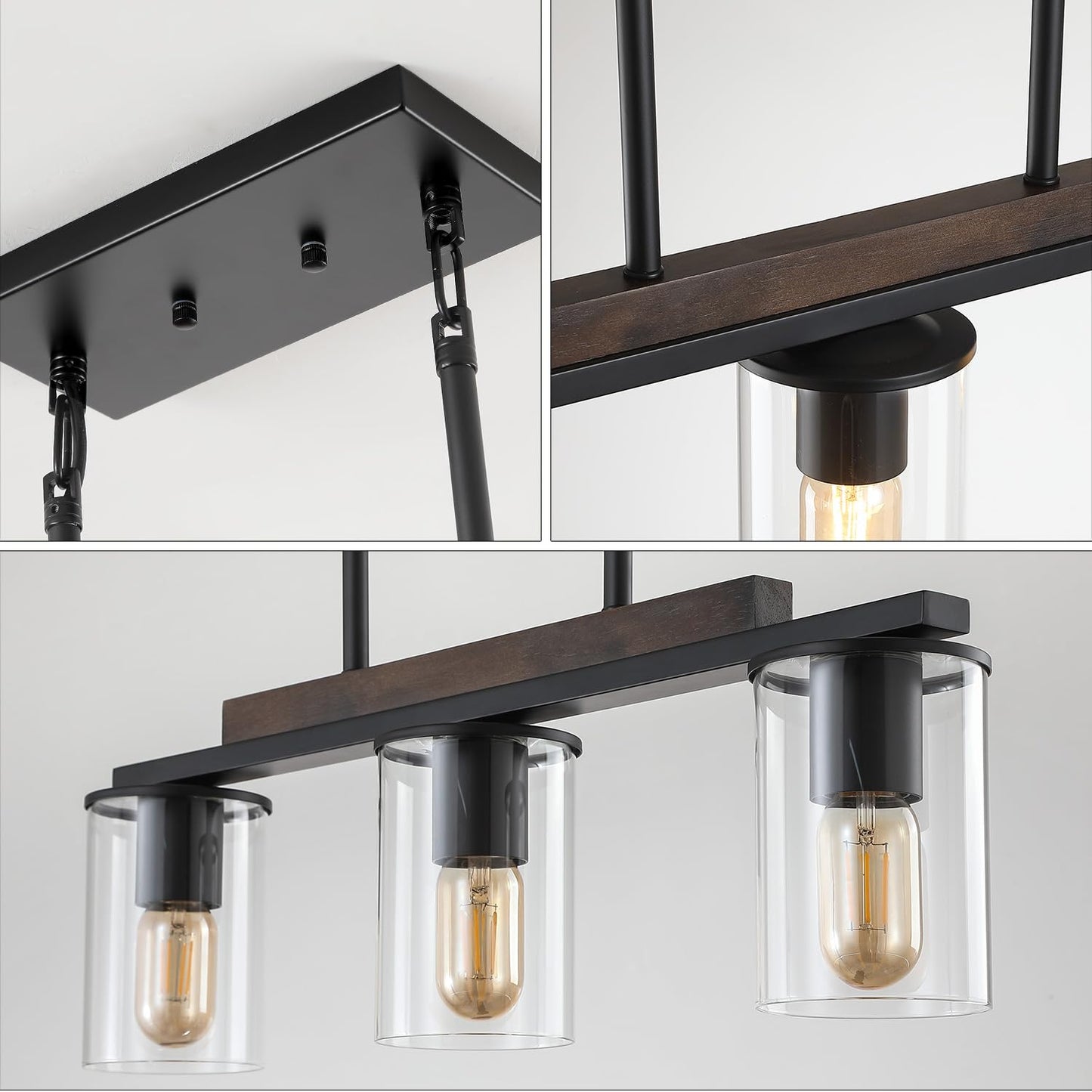 Mecgirn Farmhouse Dining Room Light Fixtures Over Table  Black Pendant Lights For Kitchen Island  3 Light Linear Chandelier Lighting With Wood