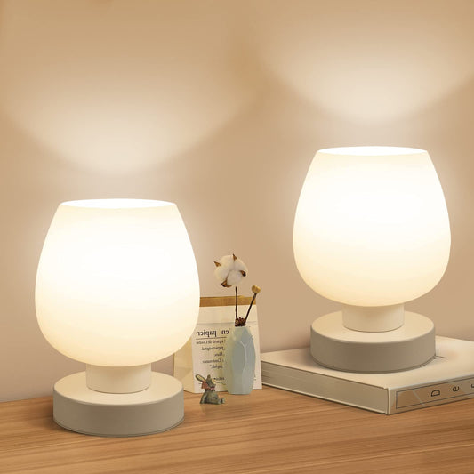 ONEWISH Touch Bedside Table Lamp Set of 2 - Small Modern Plastic Lamp with White Opal Glass Shade, 3-Way Dimmable, 3000K LED Bulb