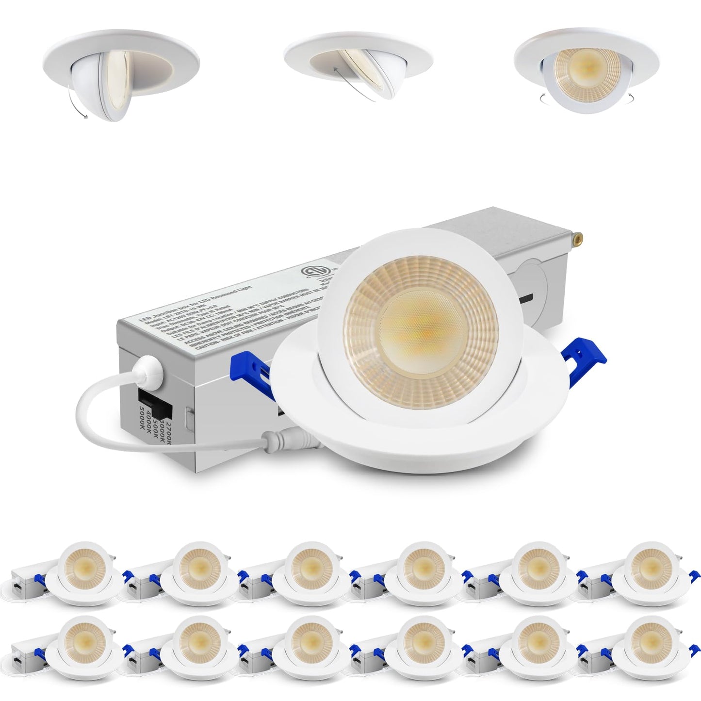 Adetu 2 Inch 5Cct Gimbal Led Recessed Lighting With Junction Box  360?90?Adjustable Recessed Can Lights  2700K/3000K/3500K/4000K/5000K Selectable  5W Eqv 50W  550Lm Brightness - Etl (White 12 Pack)
