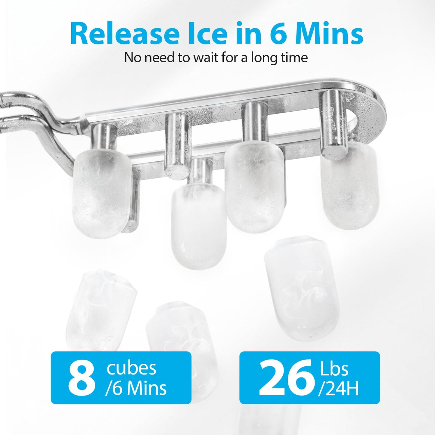Aeitto Ice Maker Countertop 26lbs/24H, Ice Machine 8 Ice Cubes Ready in 6 Mins, 2 Sizes of Bullet Ice Portable Ice Makers with Basket & Scoop, Auto Self-Cleaning for Home/Kitchen/Office Stainless