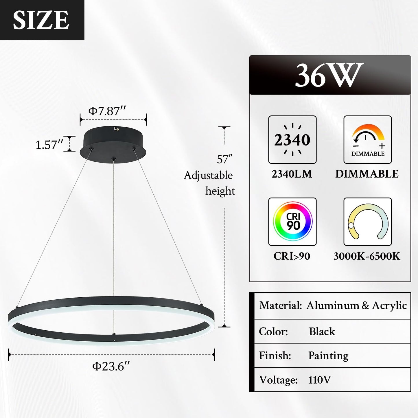 Sparklelf Modern Led Pendant Lighting 24 Ring Chandelier Black Dimmable Led Chandelier For Dining Room 36W Adjustable Pendant Light Fixture For Living Room Bedroom Home Office Foyer  3000-6500K