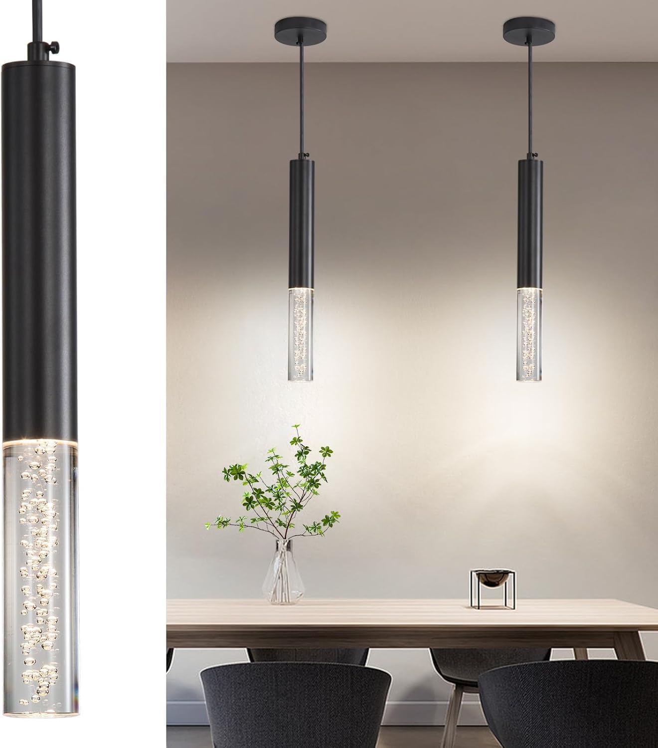 2 Pack Modern Pendant Lights  Mini Chandelier Bubble Acrylic Pendant Lighting For Kitchen Island  3 Color 3000K/4500K/6500K  Black Led Ceiling Hanging Light For Bathroom  Dining Room  Bedroom