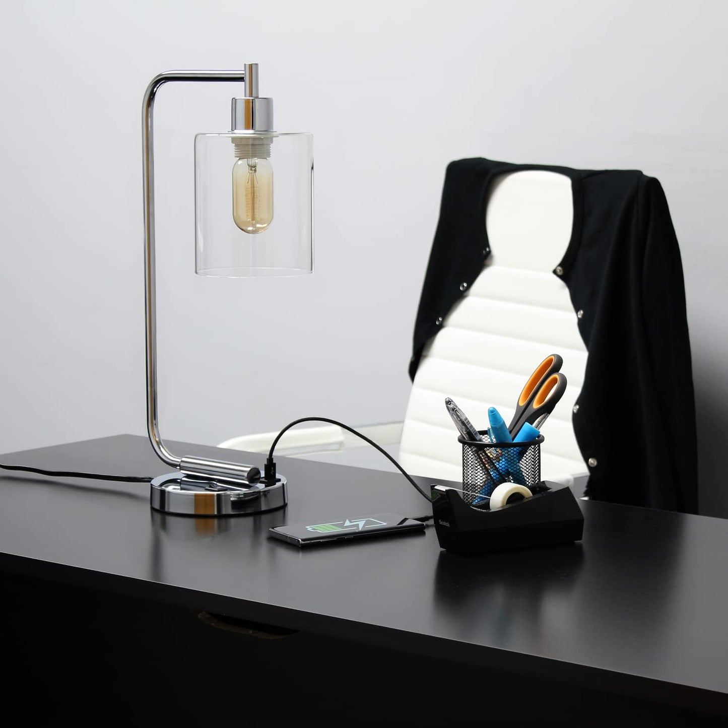 LALIA HOME Indoor Table Lamp, Modern Iron Desk Lamp with USB Port, Glass Shade, 9.75inL x 5.75inW x 18.8inH, Chrome, Model LHD