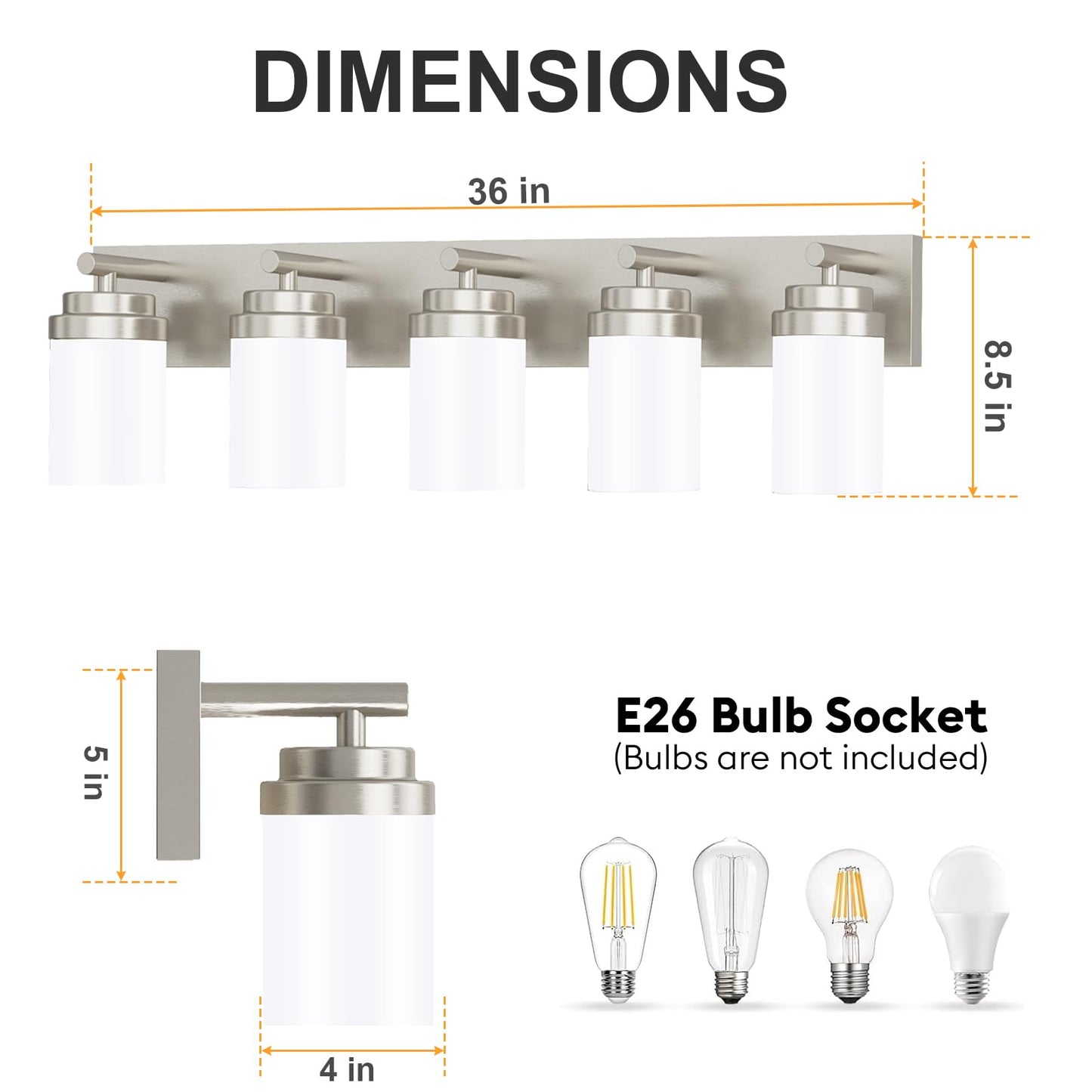 Izorro Bathroom Vanity Light Fixture  5-Light 36 Inch Brushed Nickel Bathroom Light Fixtures Over Mirror  With White Glass Shade  Modern Farmhouse Vanity Lights  Rustic Restroom Lighting Fixtures