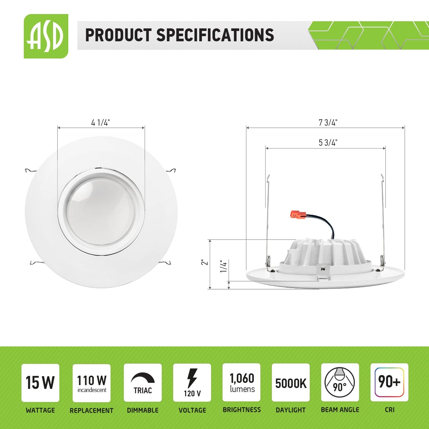 ASD 6 Inch Gimbal Retrofit LED Recessed Light 15W 5000K Daylight 1060 Lm Dimmable Aluminum 12 Pack