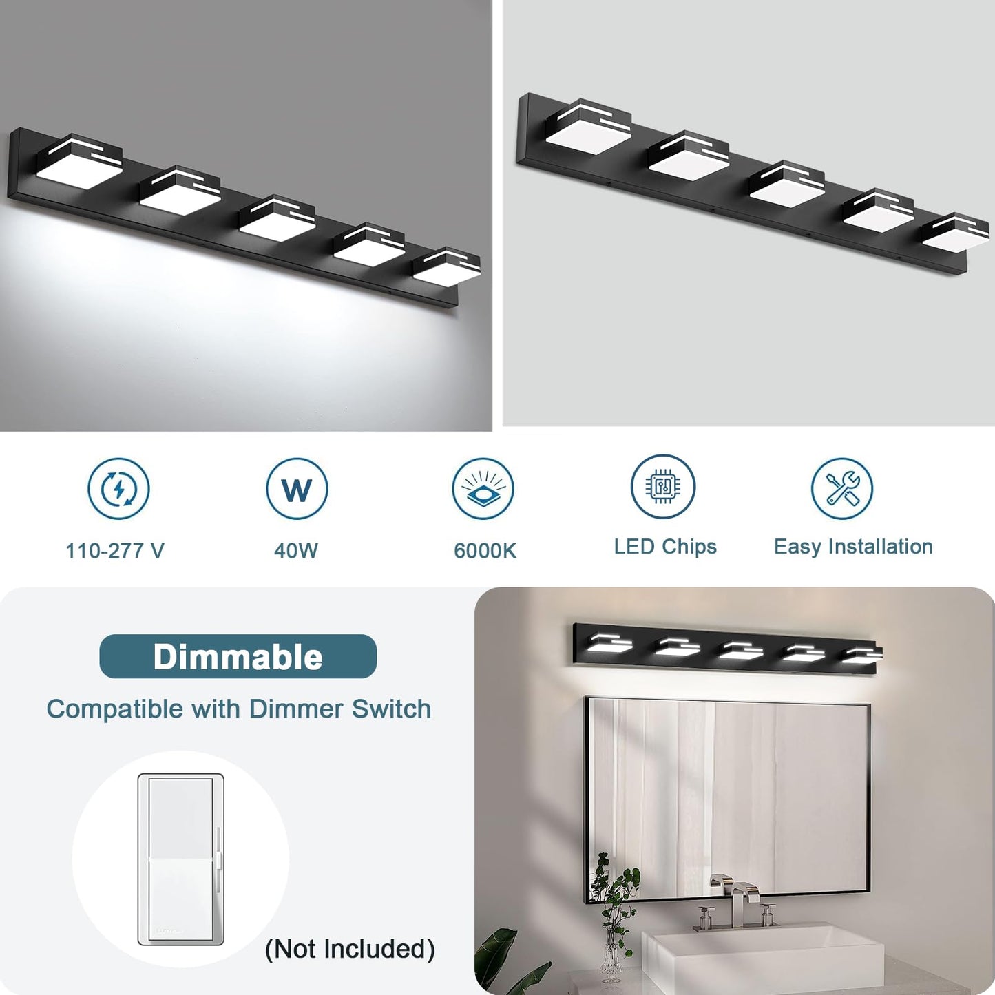 Lkhf Led Modern Bathroom Vanity Light Fixtures  5-Light 34-Inch Dimmable Matte Black Vanity Lights For Bathroom Lighting Fixtures Over Mirror  With 350?Rotatable Acrylic Heads (Cool White 6000K)