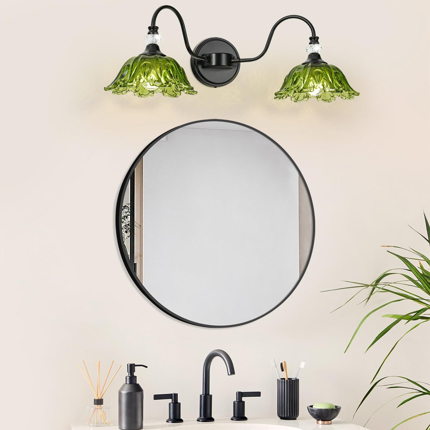 Sunkryster Black Bathroom Vanity Light  2-Light Vanity Light With Floral Green Glass Shades Vintage Farmhouse Wall Mount Lighting For Bathroom  Dressing Table