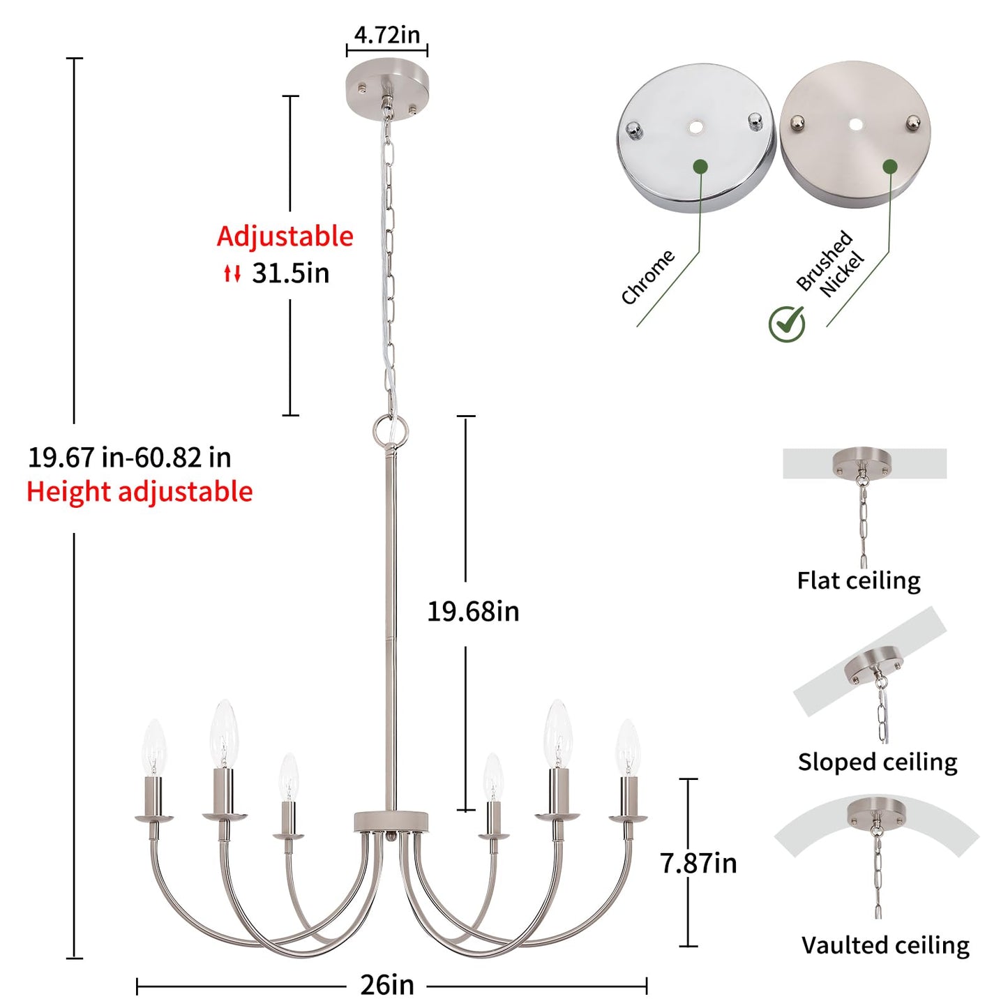 Puyveyor 6-Light Farmhouse Chandelier  Chandeliers For Dining Room Lighting Fixtures Hanging  Brushed Nickel Modern Candle Chandeliers For Living Room Foyer Kitchen Entryway