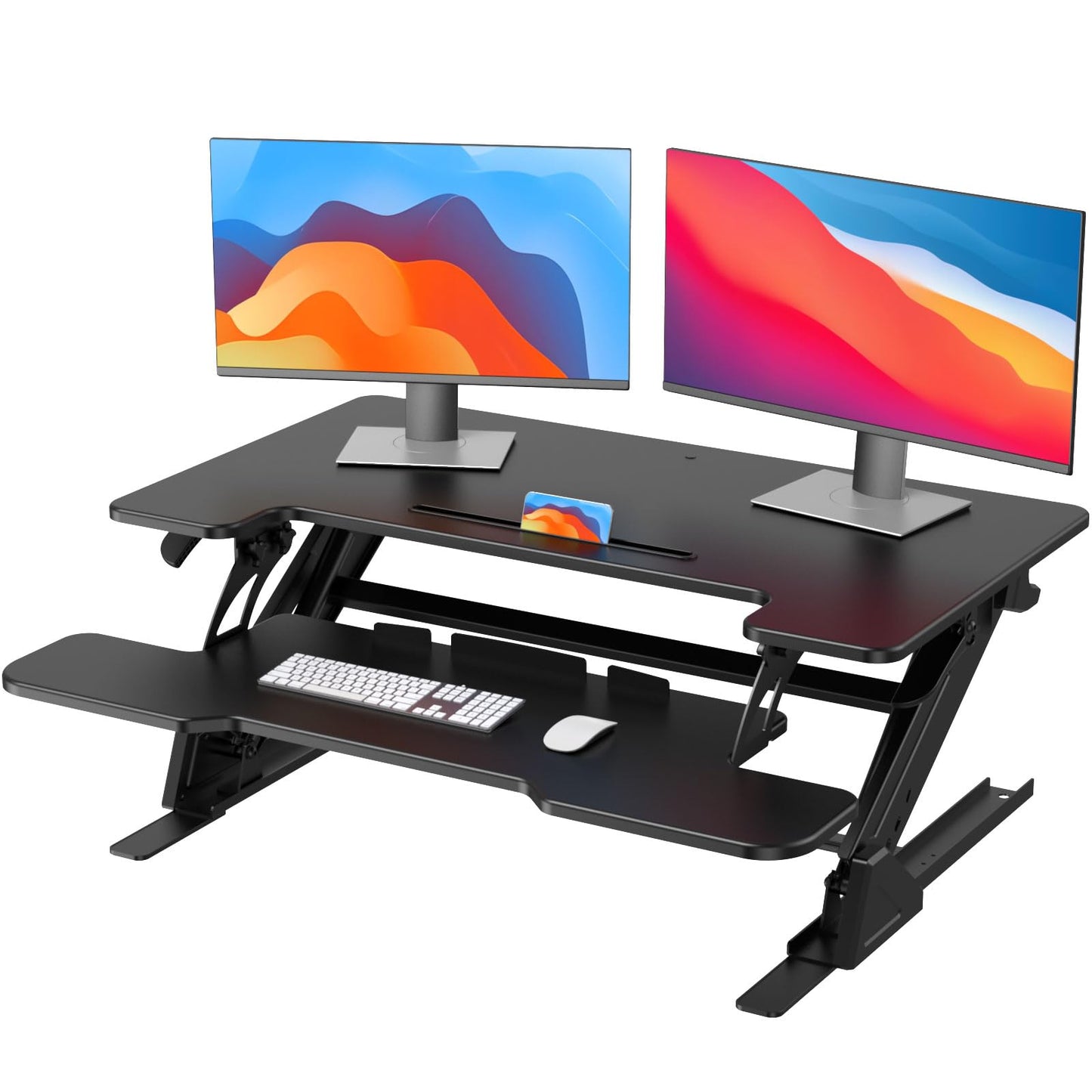 HUANUO 36" Z Shaped Stable Standing Desk Converter, Height Adjustable Sit Stand Up Desk Riser, Dual Monitor and Laptop Workstation with Wide Keyboard Tray, Desk Lifter for Home Office