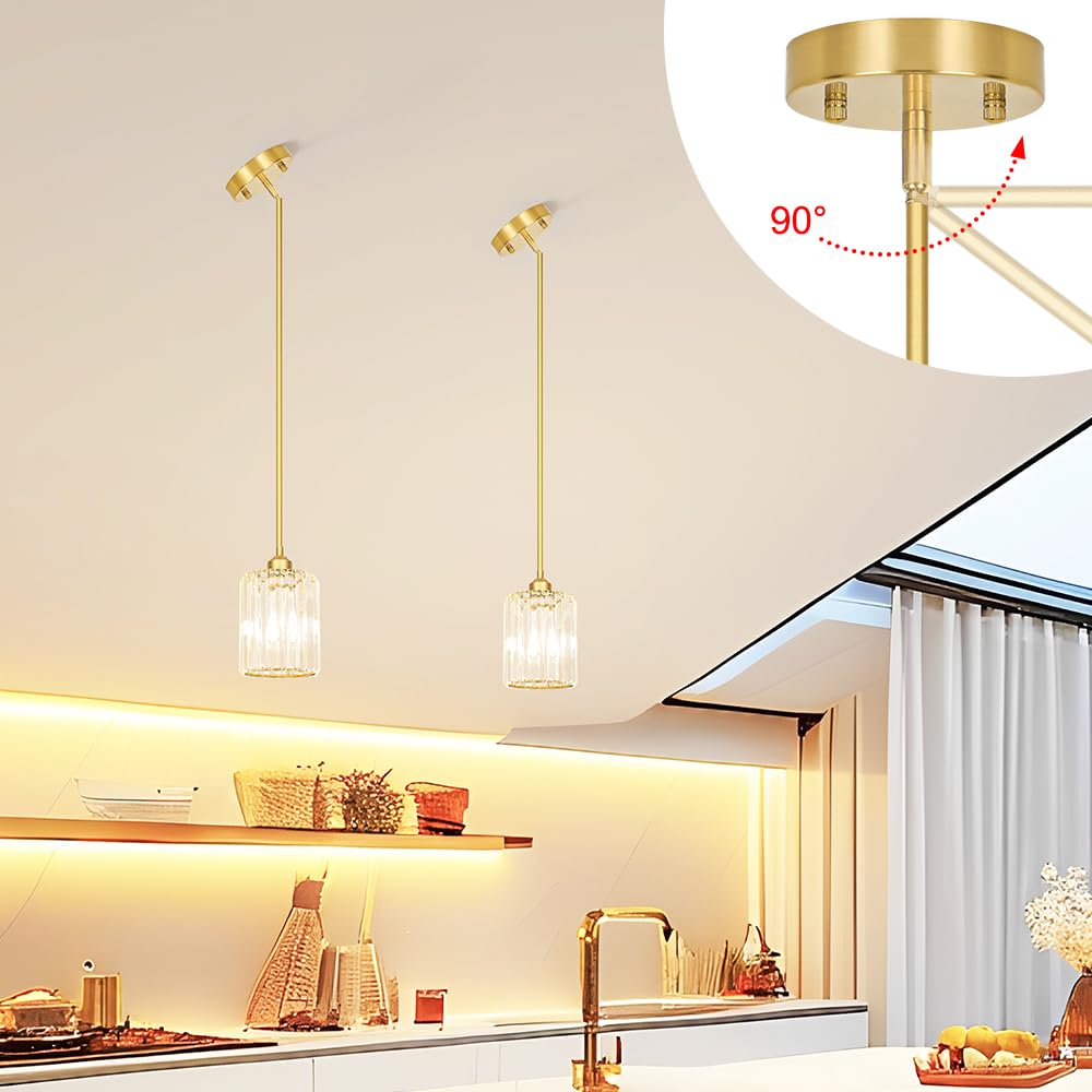 Lxybcce Gold Kitchen Pendant Lights Over Island With Adjustable Rods - Crystal Pendant Lighting Fixtures For Sloped Ceiling  Ideal Over Dining Table Or Bar  E26 Bulb Compatible  No Electrician Needed