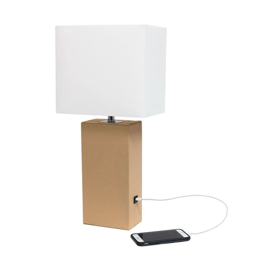 LALIA HOME Bedside Table Lamp with USB Charging Port, 21in, Beige, Model LHT-3012, MDF & Leather Material