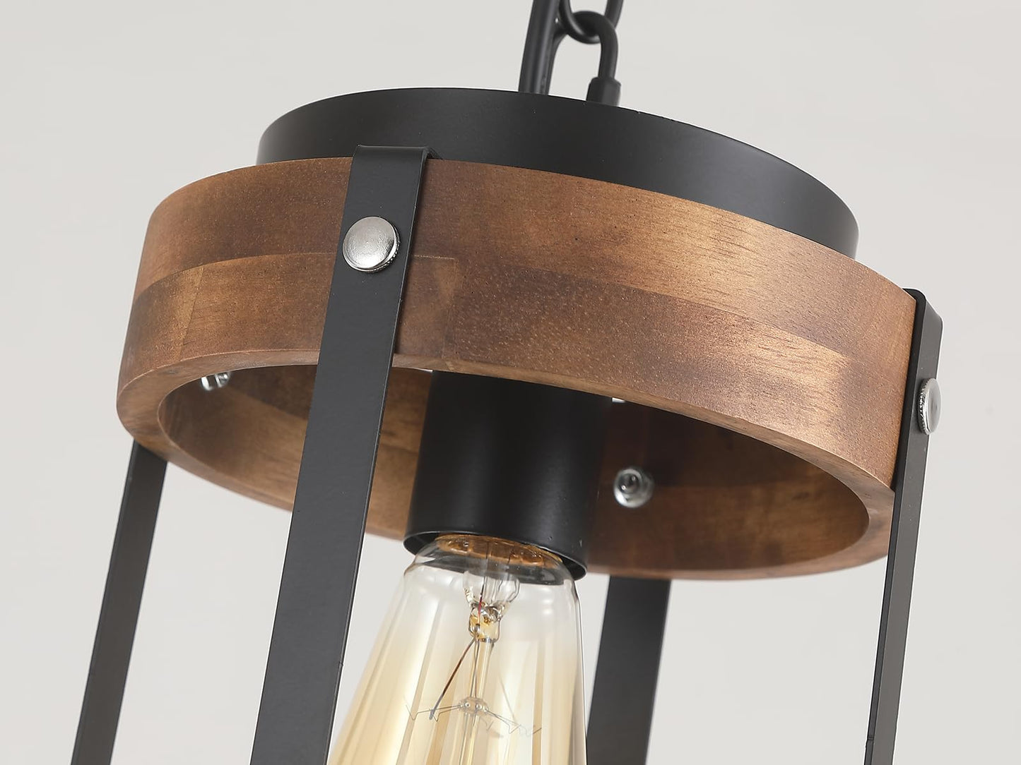 Rustic Farmhouse Wood Pendant Light Fixture One-Light Adjustable Chain Oak Wood And Metal Lantern Drum Small Pendant Lighting For Kitchen Island Sink Hallway Farmhouse Bathroom Bar  Black