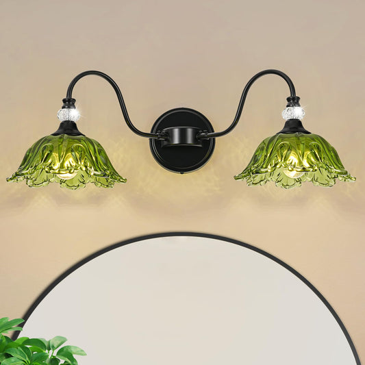 Sunkryster Black Bathroom Vanity Light  2-Light Vanity Light With Floral Green Glass Shades Vintage Farmhouse Wall Mount Lighting For Bathroom  Dressing Table