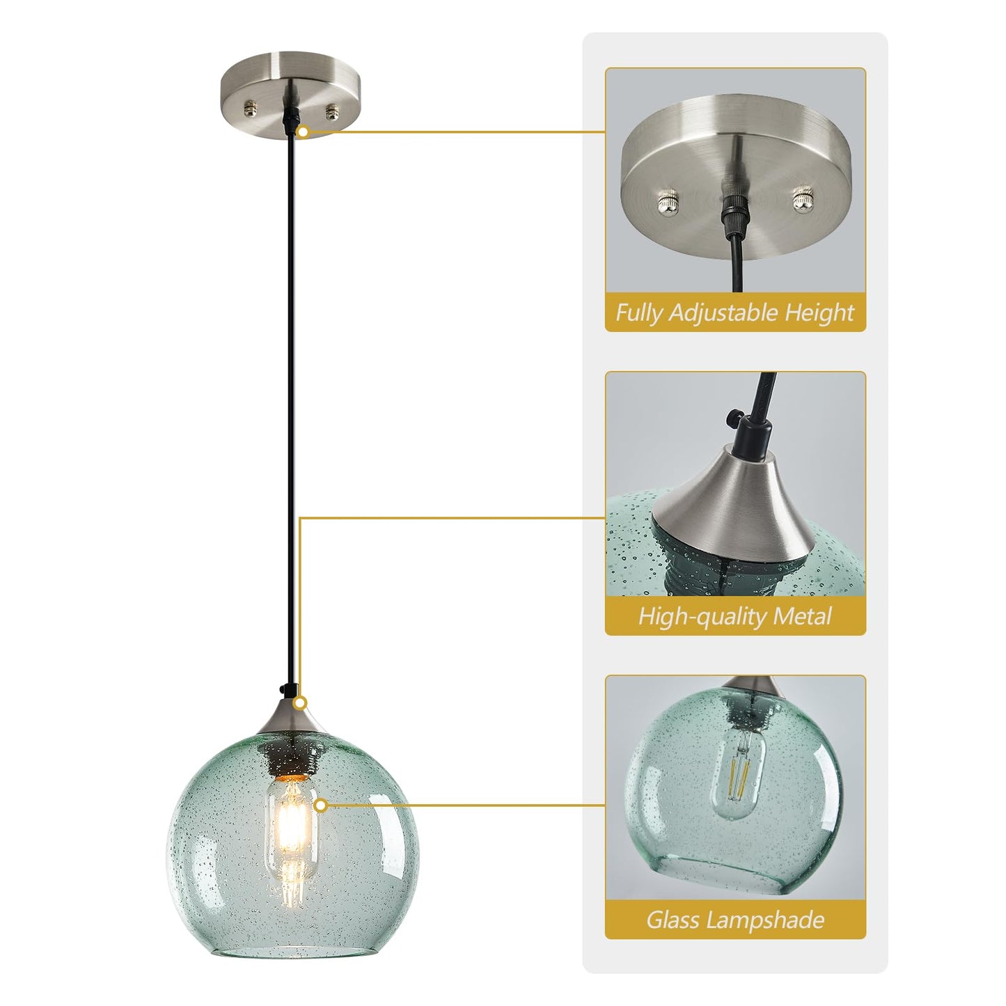 Lbsqj Light Green Glass Pendant Lights Kitchen Island Lighting Globe Pendant Light Fixtures Modern Pendant Lighting For Bedroom Living Dining Room Light Fixture (7.87 In  2 Pack)