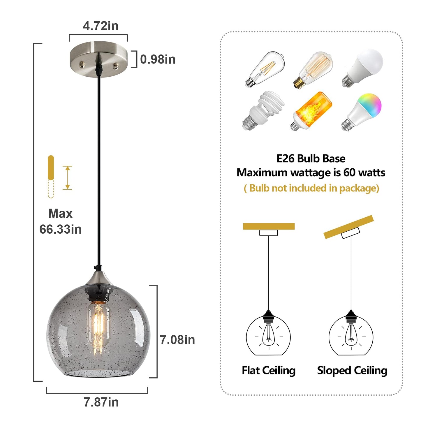 Lbsqj Light Grey Glass Pendant Lights Kitchen Island Lighting Globe Pendant Light Fixtures Modern Pendant Lighting For Bedroom Living Dining Room Light Fixture (7.87 In  3 Pack)
