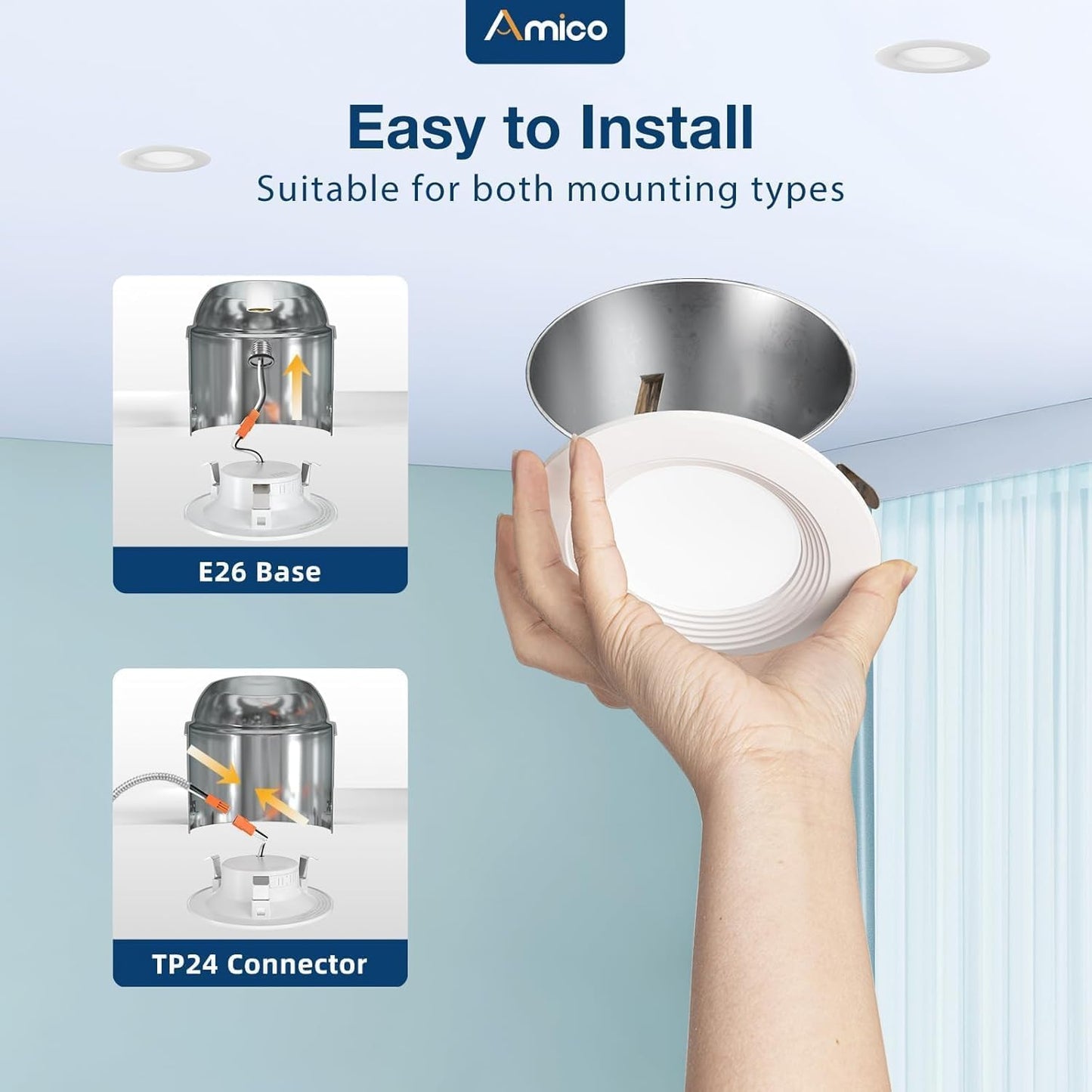 Amico 4 Inch 5Cct Led Recessed Lighting 6 Pack  Dimmable  Ic Rated  8.5W=60W  650Lm Can Lights With Baffle Trim  2700K/3000K/4000K/5000K/6000K Selectable  Retrofit Installation  Etl & Fcc