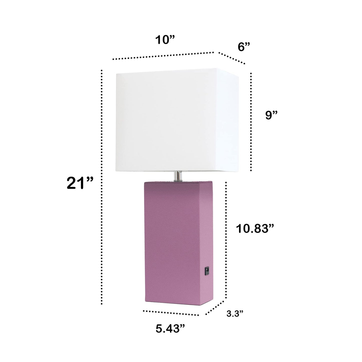 LALIA HOME 21in Leather Base Bedside Table Lamp with USB Charging Port, Purple, Model LHT-3012, Modern Home Décor for Living Room, Bedroom, Office