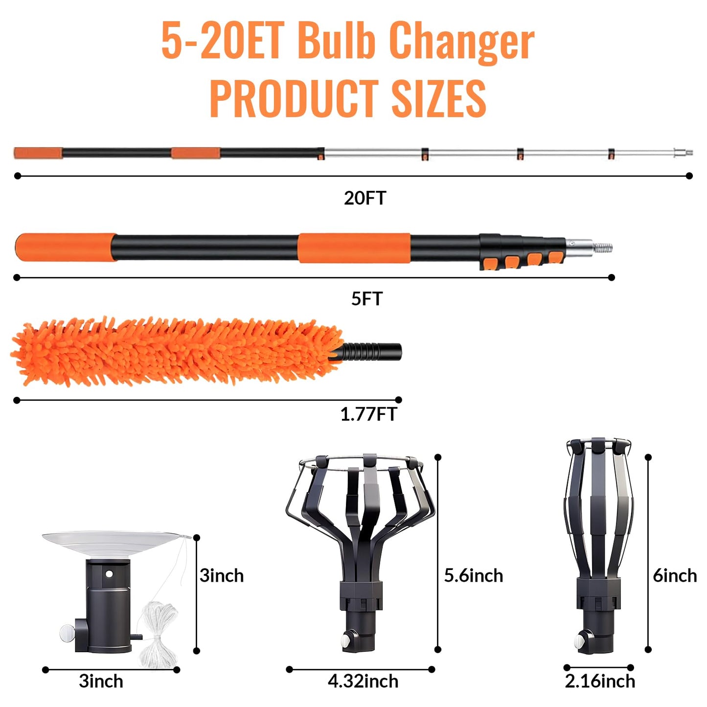 Light Bulb Changer For High Ceilings With 26Ft Reach  Telescopic Extension Pole For High Ceilings And Recessed Lights (5-20Ft) With Baskets  Suction Cup And Duster With Extension Pole