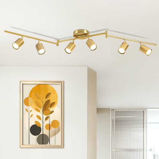 Fondiiz 6 Ways Track Lighting  Rotatable Heads Tracks Light  Track Lightings Fixtures Ceiling With Foldable Arms  Brushed Gold Tracks Light For Kitchen  Living Room  Hallway(Bulbs Not Included)