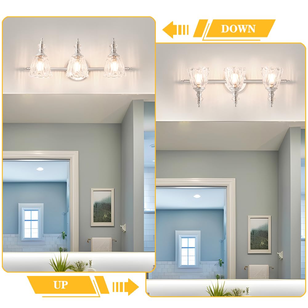 Ditoon Brushed Nickel Vanity Light  Antique Bathroom Vanity Light Over Mirror  3 Light Lighting Fixture With Flower Glass Shade  Farmhouse Sconces Wall Lighting For Hallway Living Room Bedroom