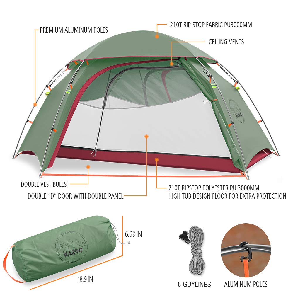 KAZOO Lightweight Backpacking Tent 2 Person Waterproof Camping Tents 2 People Hiking Tents Two Person Aluminum Poles Double Layer