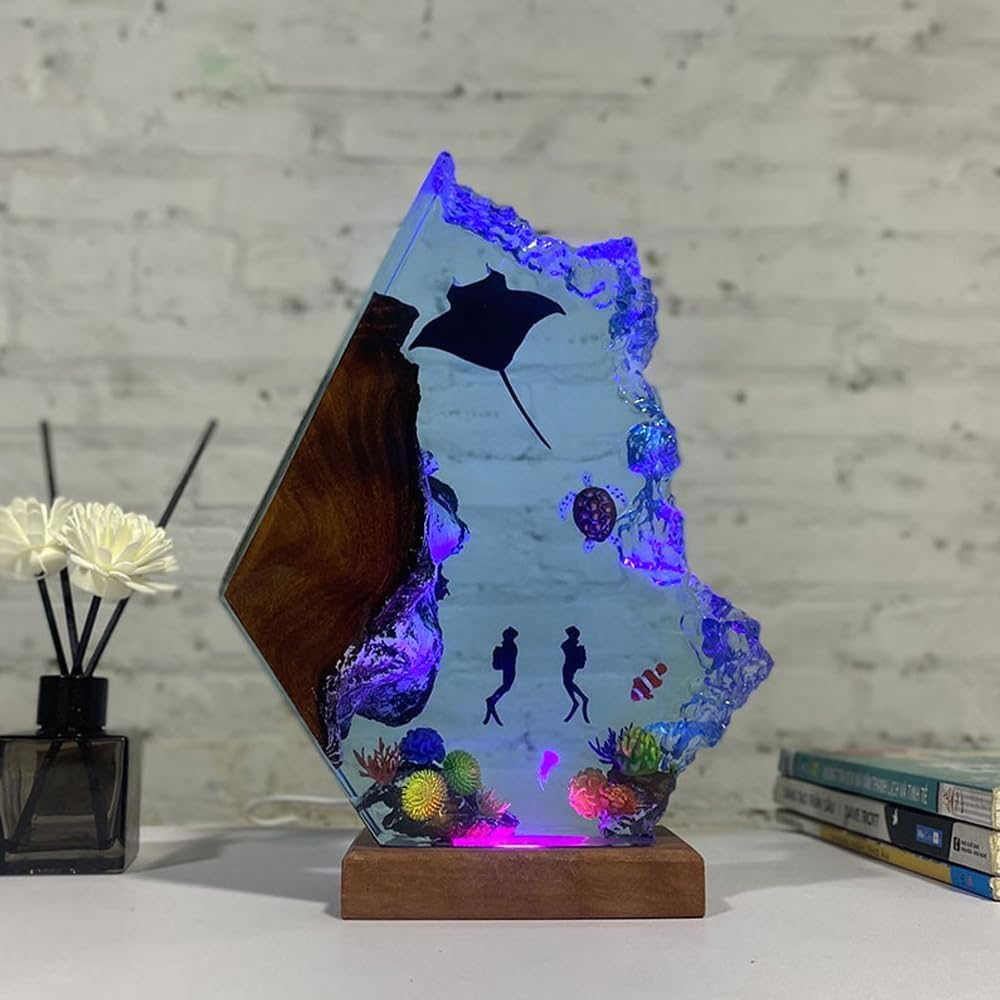 Nice Hera Handmade 3D Ocean Resin Lamp - Usb Powered Resin Ocean Night Light With Wooden Base  Variable Lights  Scuba Diver Gifts  Bedroom Decor  Unique Gifts For MotherS FatherS Birthday