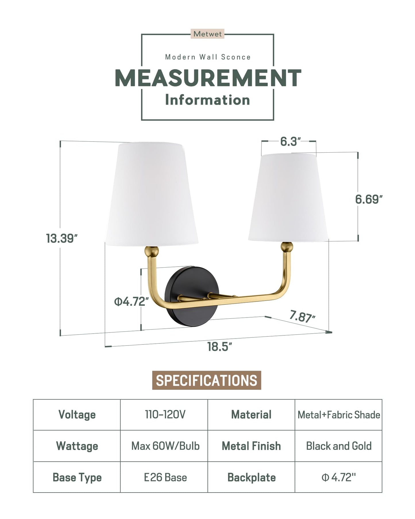 Metwet 2-Light Bathroom Light Fixtures  Black And Gold Vanity Lights  Double Wall Sconce With Flared White Fabric Shade  Modern Sconces Wall Lighting For Hallway Bedroom Stairway  Vl837-Kg-2