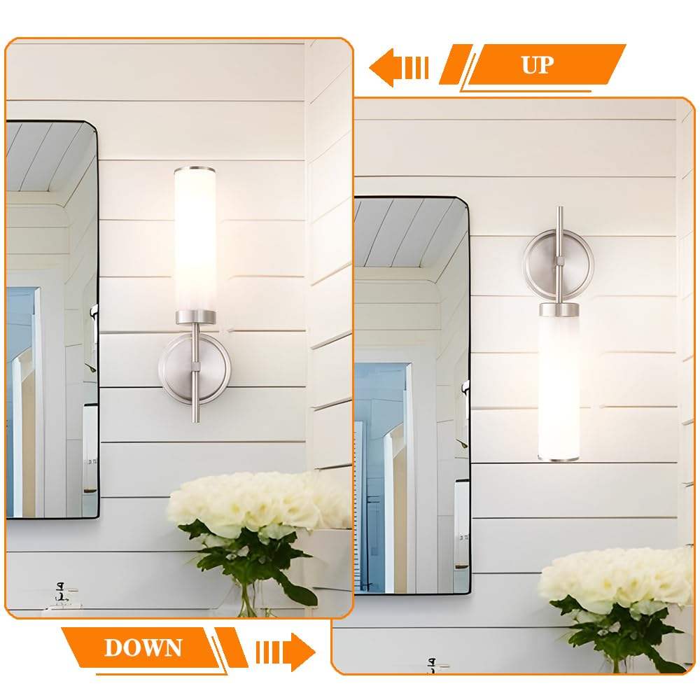 Brushed Nickel Wall Sconces Set Of 2  Modern Bathroom Sconces Wall Lighting With Opal White Glass  Vanity Light Fixtures For Bathroom  Wall Mount Lights For Living Room Bedroom Hallway  Hardwired