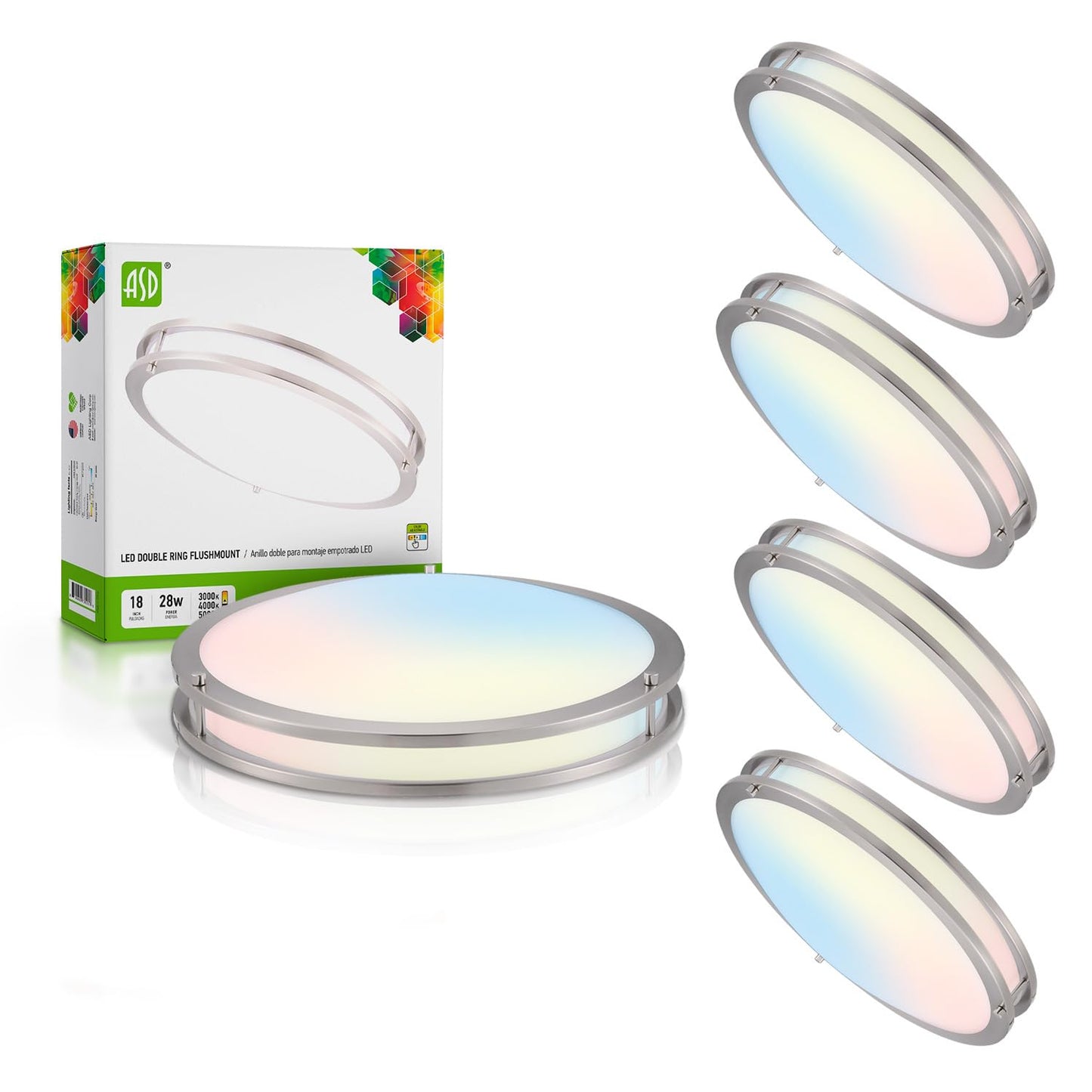 Asd Led 18 Inch Round Flush Mount Light Fixture | 28W 2250Lm 3000K-5000K 120V | 3Cct  Dimmable  Energy Star  Etl Listed | Close To Ceiling Double Ring Lamp  Low Profile Lighting | Nickel  4 Pack