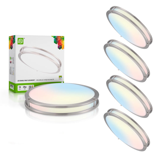 Asd Led 18 Inch Round Flush Mount Light Fixture | 28W 2250Lm 3000K-5000K 120V | 3Cct  Dimmable  Energy Star  Etl Listed | Close To Ceiling Double Ring Lamp  Low Profile Lighting | Nickel  4 Pack