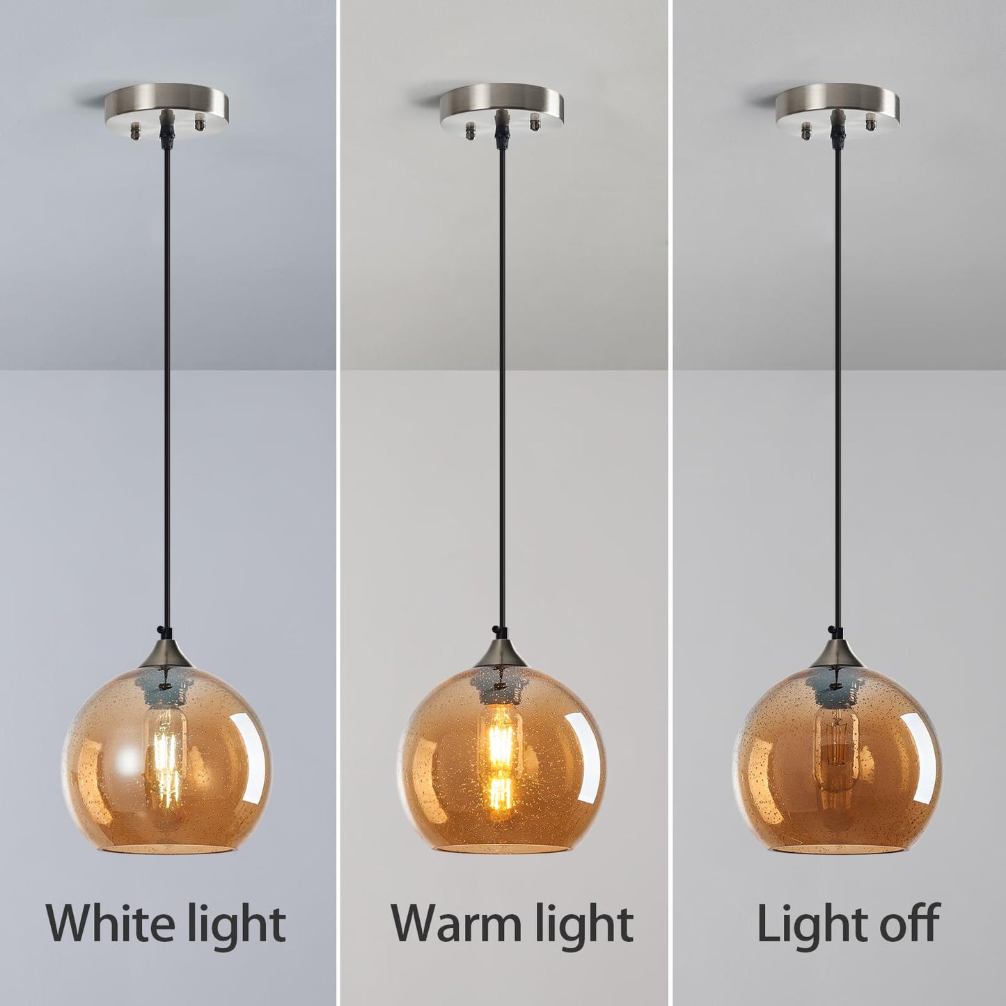Lbsqj Amber Glass Pendant Lights Kitchen Island Lighting Globe Pendant Light Fixtures Modern Pendant Lighting For Bedroom Living Dining Room Light Fixture (7.87 In  3 Pack)