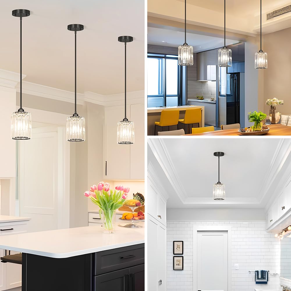 Lxybcce Black Kitchen Pendant Lights Over Island With Adjustable Rods - Crystal Pendant Lighting Fixtures 3 Pack  Ideal Over Dining Table Or Bar  E26 Bulb Compatible  No Electrician Needed