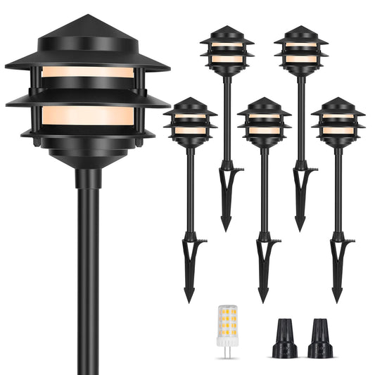 Gardencoin Pagoda Low Voltage Landscape Pathway Lights  12V Outdoor Led Path Lights Wired  Aluminum Walkway Lighting With 4W 2700K Replaceable G4 Bulb  Classic 3-Tier Lantern  6 Pack