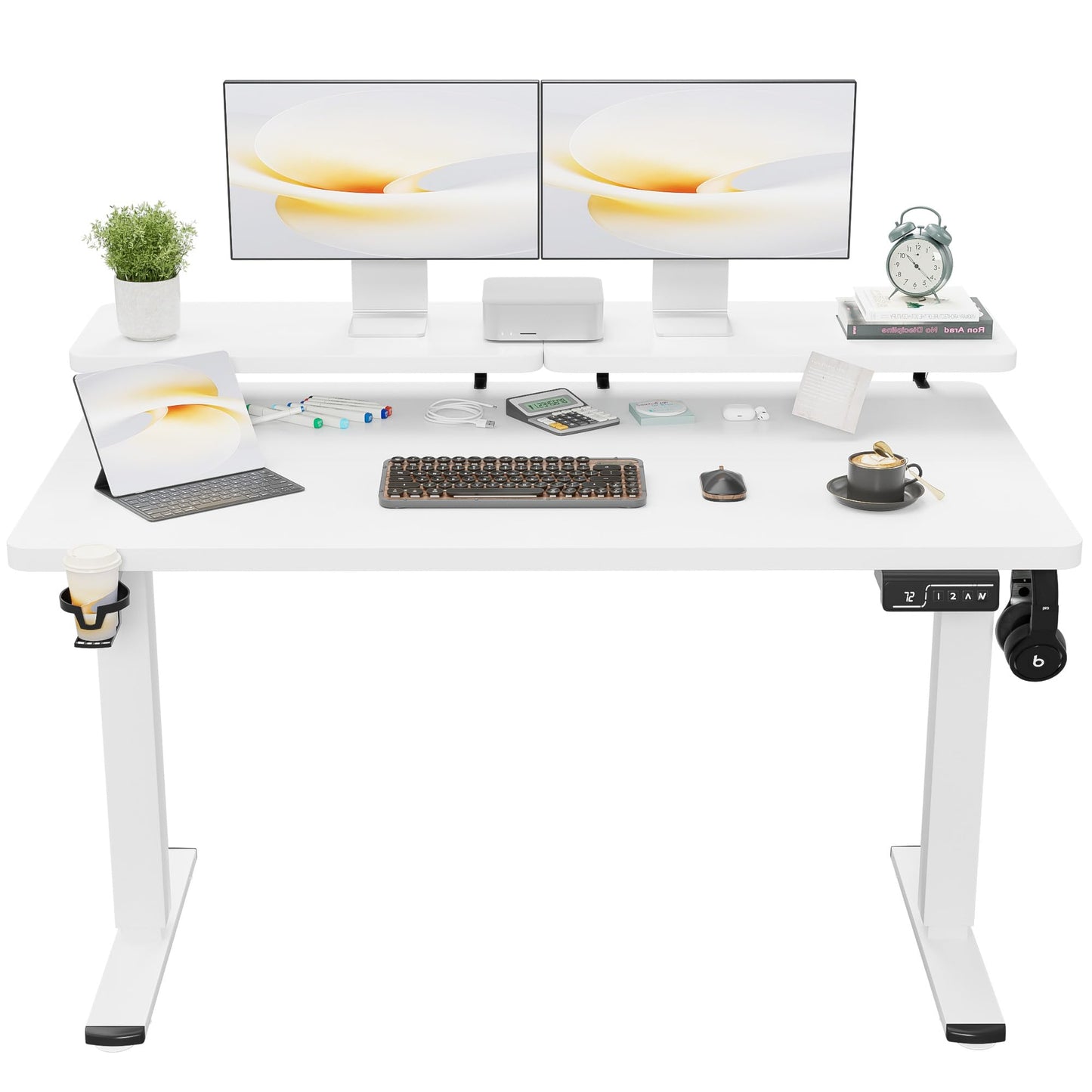 Shahoo Electric Standing Desk with Monitor Shelf, 55 x 24 Inches Height Adjustable Corner Table, Computer Workstation with Cup Holder and Hook for Home Office, White, 55x24 Inch