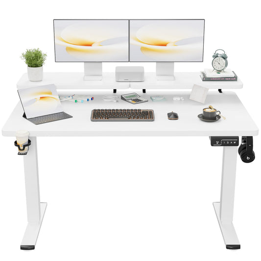 Shahoo Electric Standing Desk with Monitor Shelf, 55 x 24 Inches Height Adjustable Corner Table, Computer Workstation with Cup Holder and Hook for Home Office, White, 55x24 Inch