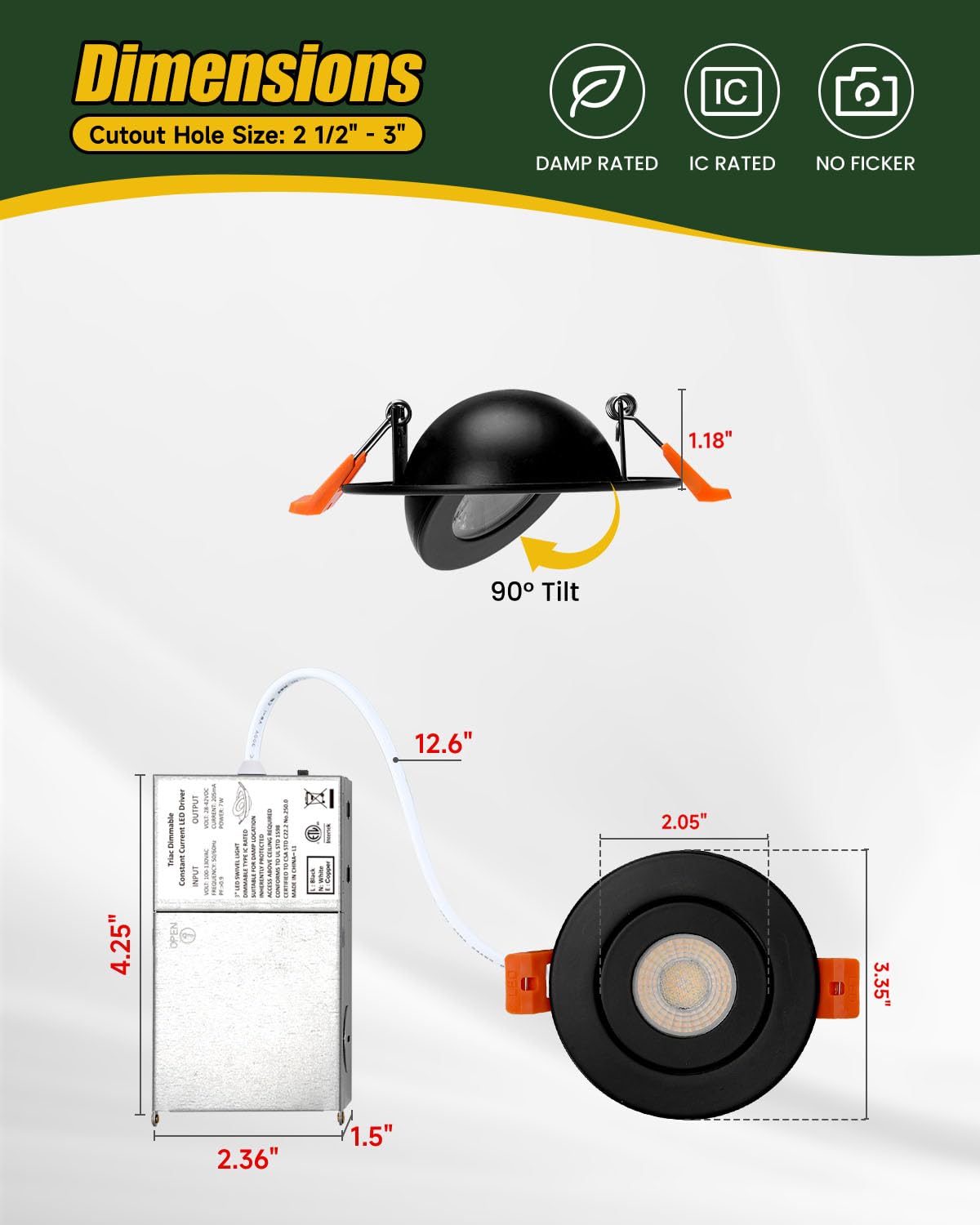 Zyc Gimbal Led Recessed Lighting - 3 Inch 5Cct 7W 360 Rotation Adjustable Eyeball Light Led Swivel Spotlight Directional Sloped Ceiling Light Dimmable Canless Wafer Downlight Pack Of 6 Black.
