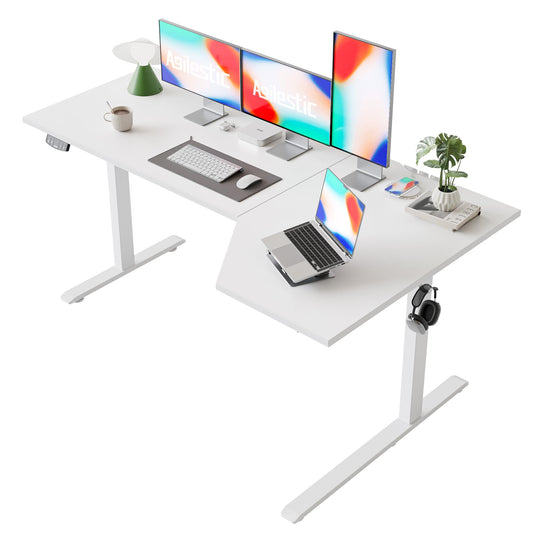 Agilestic Electric Standing Desk, Height Adjustable Desk, 63 x 35 Inch Sit Stand up for Work Office Home, L Shaped Ergonomic Rising Computer Table with Memory Preset, White