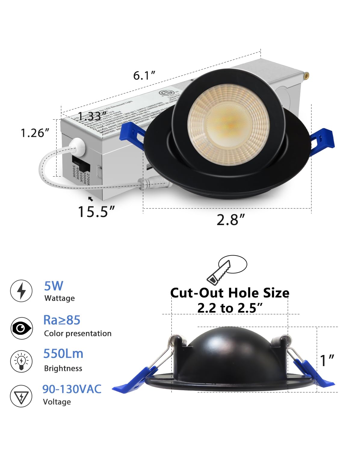 Adetu 2 Inch 5Cct Gimbal Black Led Recessed Lighting With Junction Box  360?90?Adjustable Led Recessed Lights  2700K/3000K/3500K/4000K/5000K  5W Eqv 50W  550Lm Brightness - Etl (Black  12 Pack)