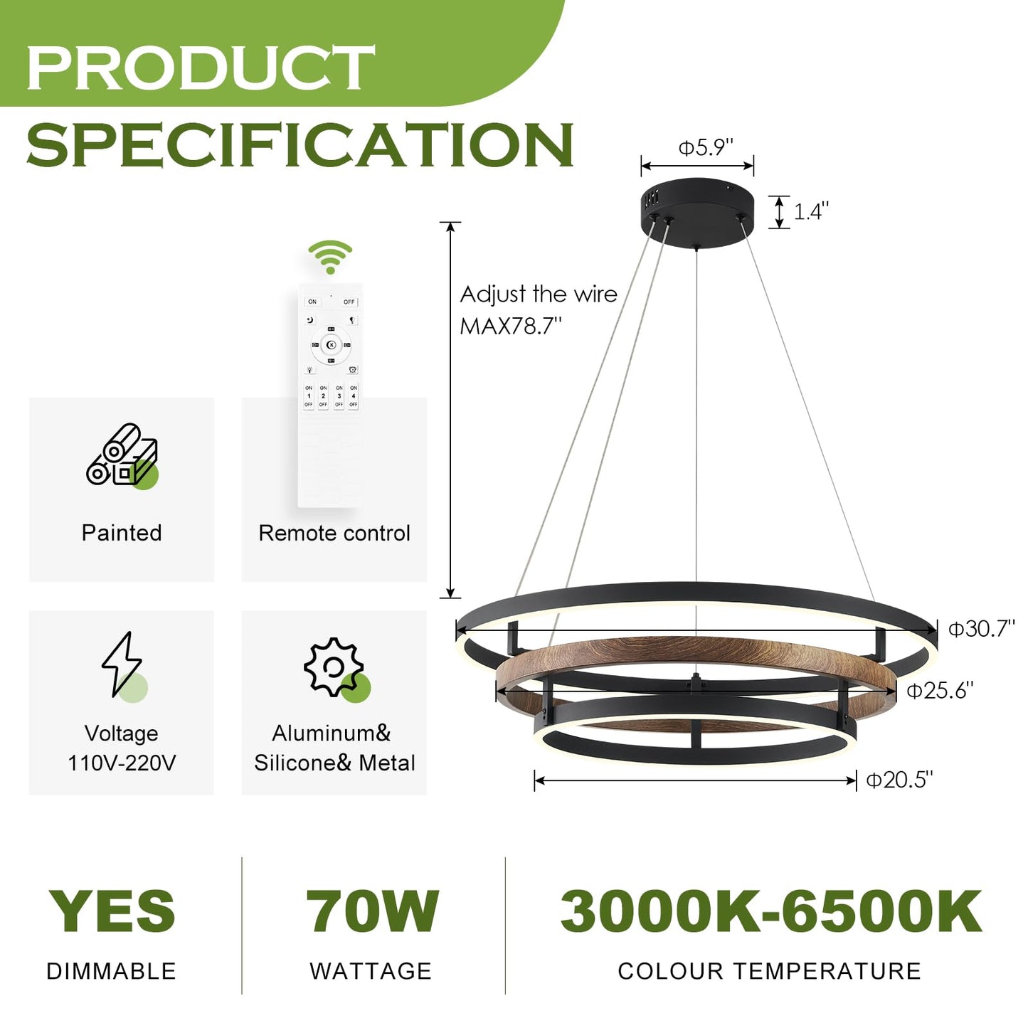 Benkut 3 Rings Modern Led Chandelier Black Dimmable Circular Pendant Light For Dining Room  Foyer Chandelier With Remote Control Flush Mount High Ceiling Light For Kitchen Living Room  D30.7In