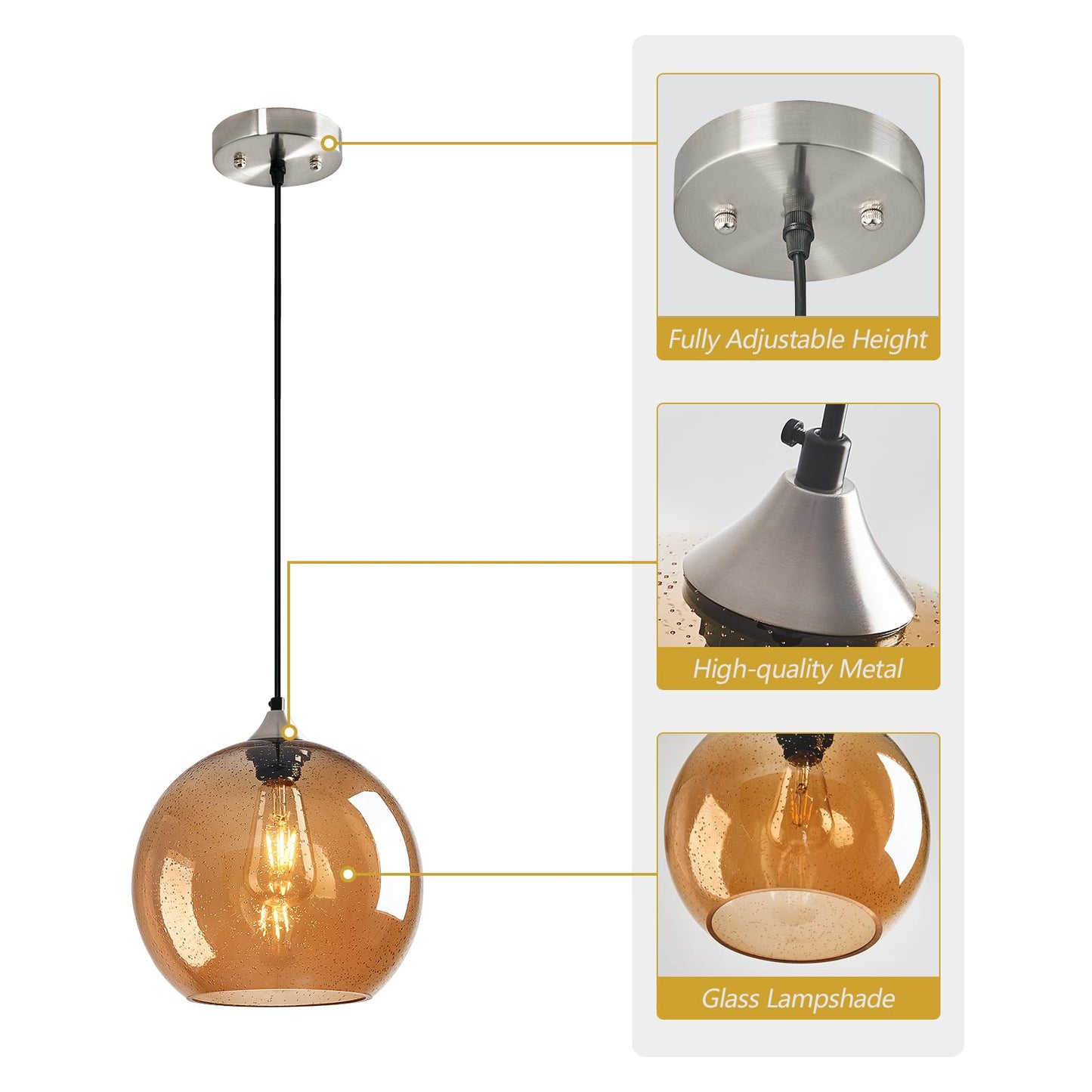 Lbsqj Amber Glass Pendant Lights Kitchen Island Globe Pendant Light Fixtures Modern Pendant Lighting For Bedroom Living Dining Room Light Fixture (9.84 In  1 Pack)