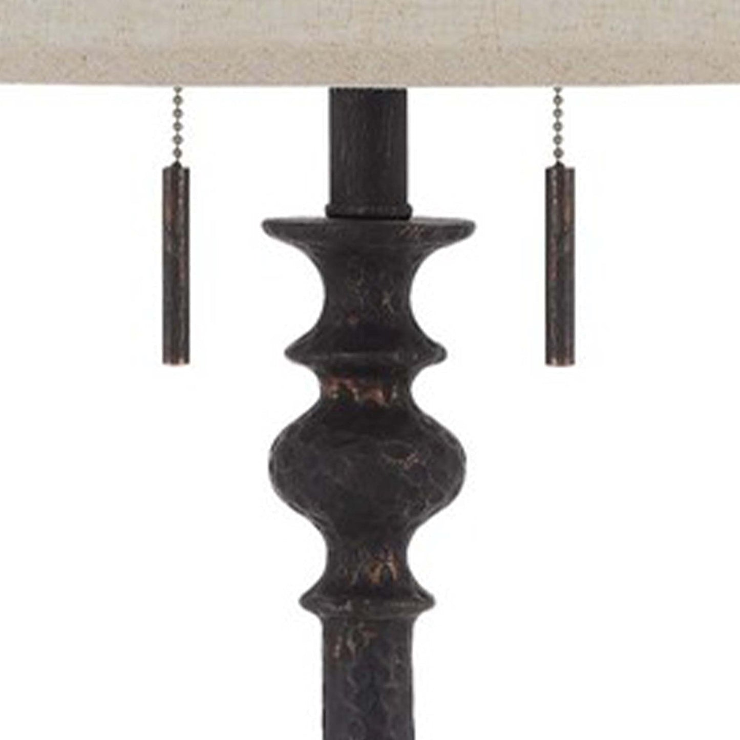 Benzara Floor Lamp with Tubular Resin Support, Pull Chain, Dark Bronze, Model BM241868, Plastic/Metal/Fabric