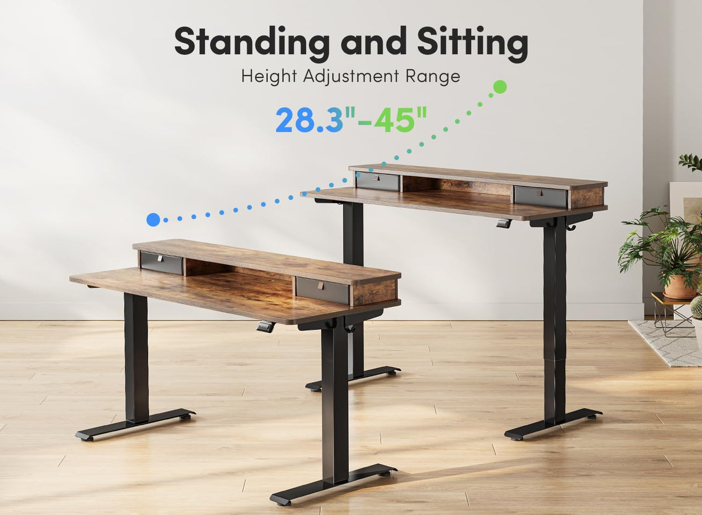 FEZIBO 40 x 24 Inch Height Adjustable Electric Standing Desk with Double Drawer, Stand Up Desk with Storage Shelf, Sit Stand Desk, Rustic Brown