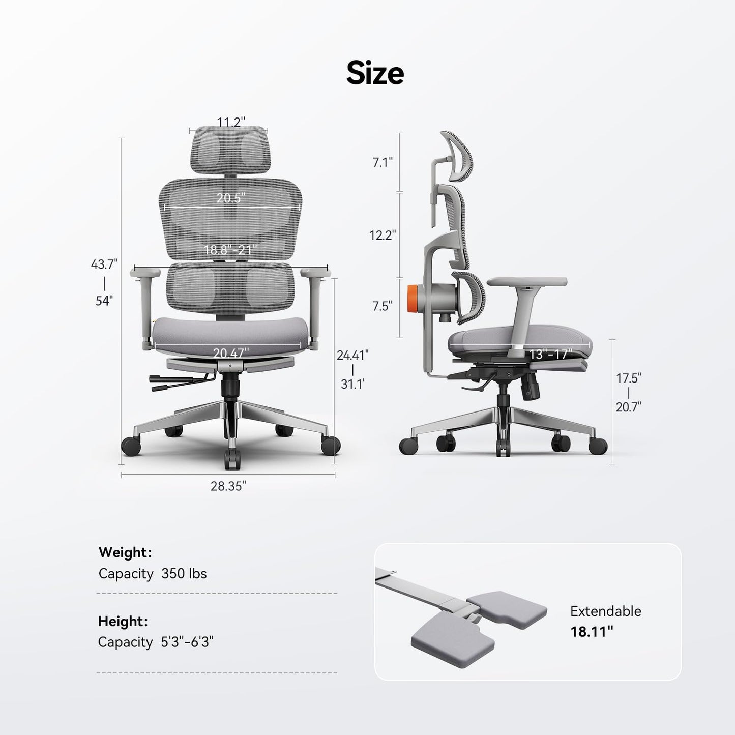 Newtral Office Chair Ergonomic - Home Office Desk Chair, Big and Tall Office Chair, Auto-Following Lumbar Support for Back Pain, Adjustable Seat Depth and Height (with Footrest, Gray)