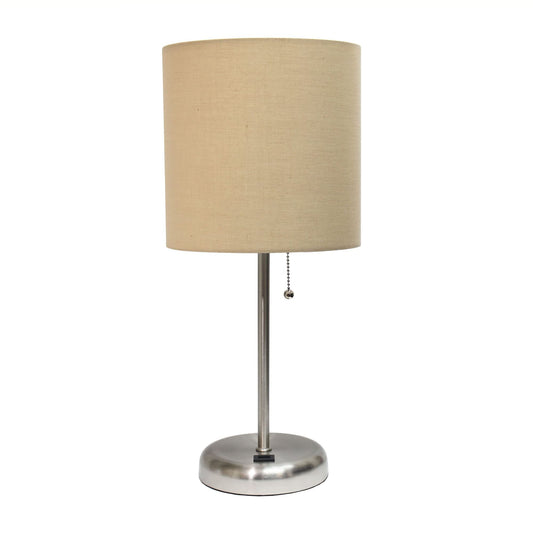 Creekwood Home Metal Table Desk Lamp with USB Port, 19.5in Tan Drum Shade, Brushed Steel, Model 1270-CWT-2012-TN