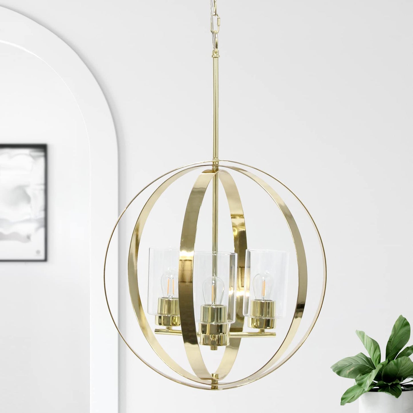 Elegant Designs Pendant Light 3-Light Metal & Glass 18in Gold PT1021-GLD