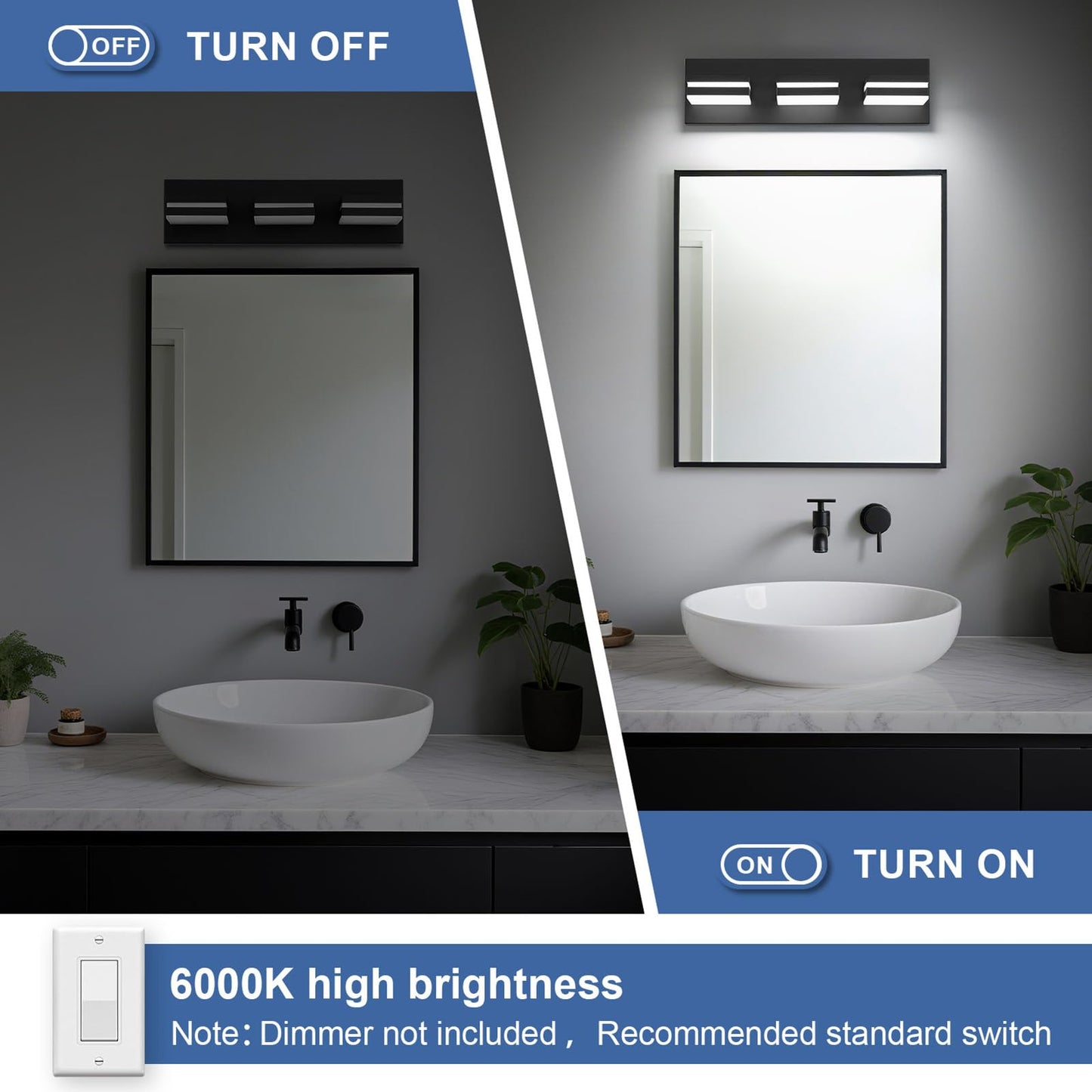 Jzekvn Modern Led Bathroom Lights Fixtures(3-Light) Metal Black Acrylic Wall Lighting Vanity Lights For Bathroom Over Mirror(6000K 16In