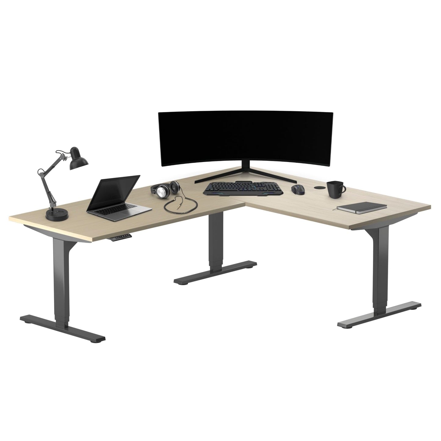 Progressive Desk L Shaped Height Adjustable Standing Desk 78" x 48" - Corner Computer Desk - Electric Stand Up Rising Workstation - Black Frame/Bright Beech Top