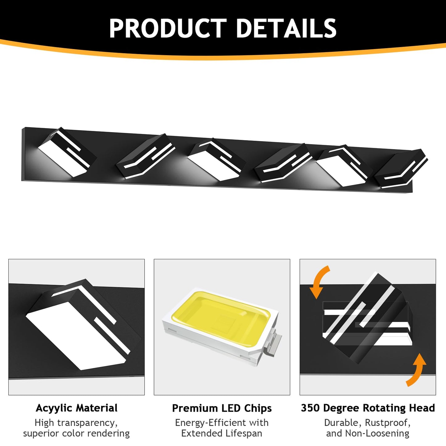 Lkhf Led Modern Bathroom Vanity Light Fixtures 6-Light 5Cct Dimmable Matte Black Vanity Lights For Bathroom Lighting Fixtures Over Mirror  With 350?Rotatable Acrylic Heads  40-Inch